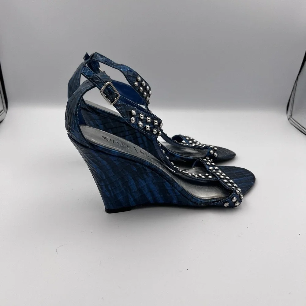 White House Black Market Paris Blue Studded Ankle Strap Wedges‎ Size 9.5